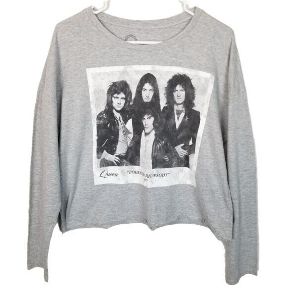 Queen Womens Crop Band Tee Size L Graphic T-Shirt Concert Stretch Cotton Gray